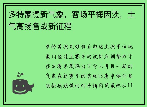 多特蒙德新气象，客场平梅因茨，士气高扬备战新征程